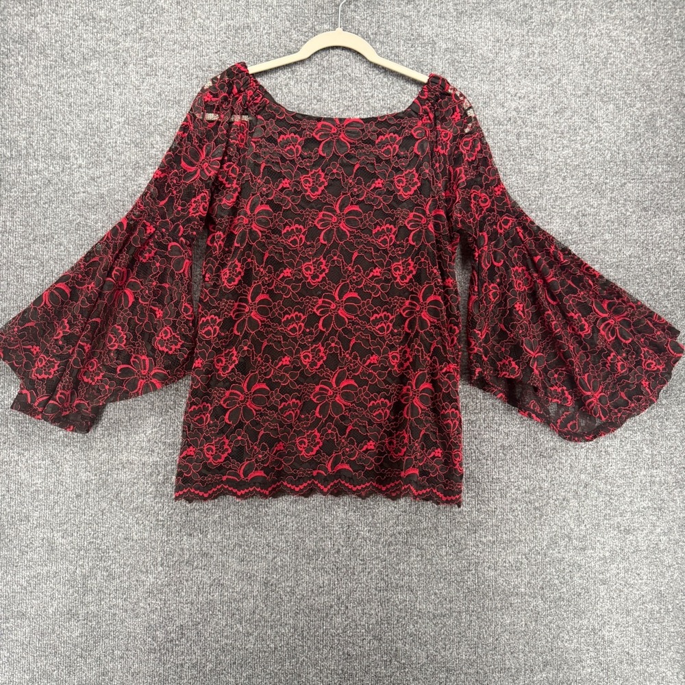 Womens Blouse Top Medium Black Red Lace Bell Sleeve Vamp Whimsigoth Fairy Grunge